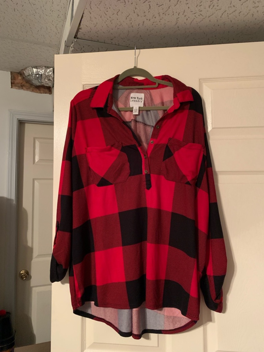 New York Laundry Red and Black Plaid Henley Pullover